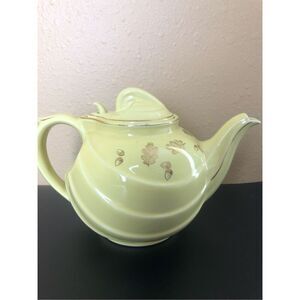 Retro Hall Teapot Canary Gold Label Parade Hook Yellow With Gold Oak Leaves 1950